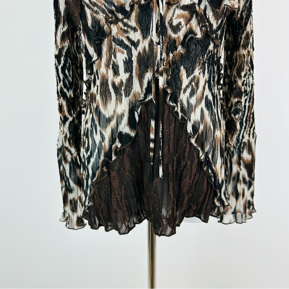 Alberto Makali 90’s Animal Print Ruffle Lace Crinkle Mixed Media Top Size Large - Picture 4 of 15